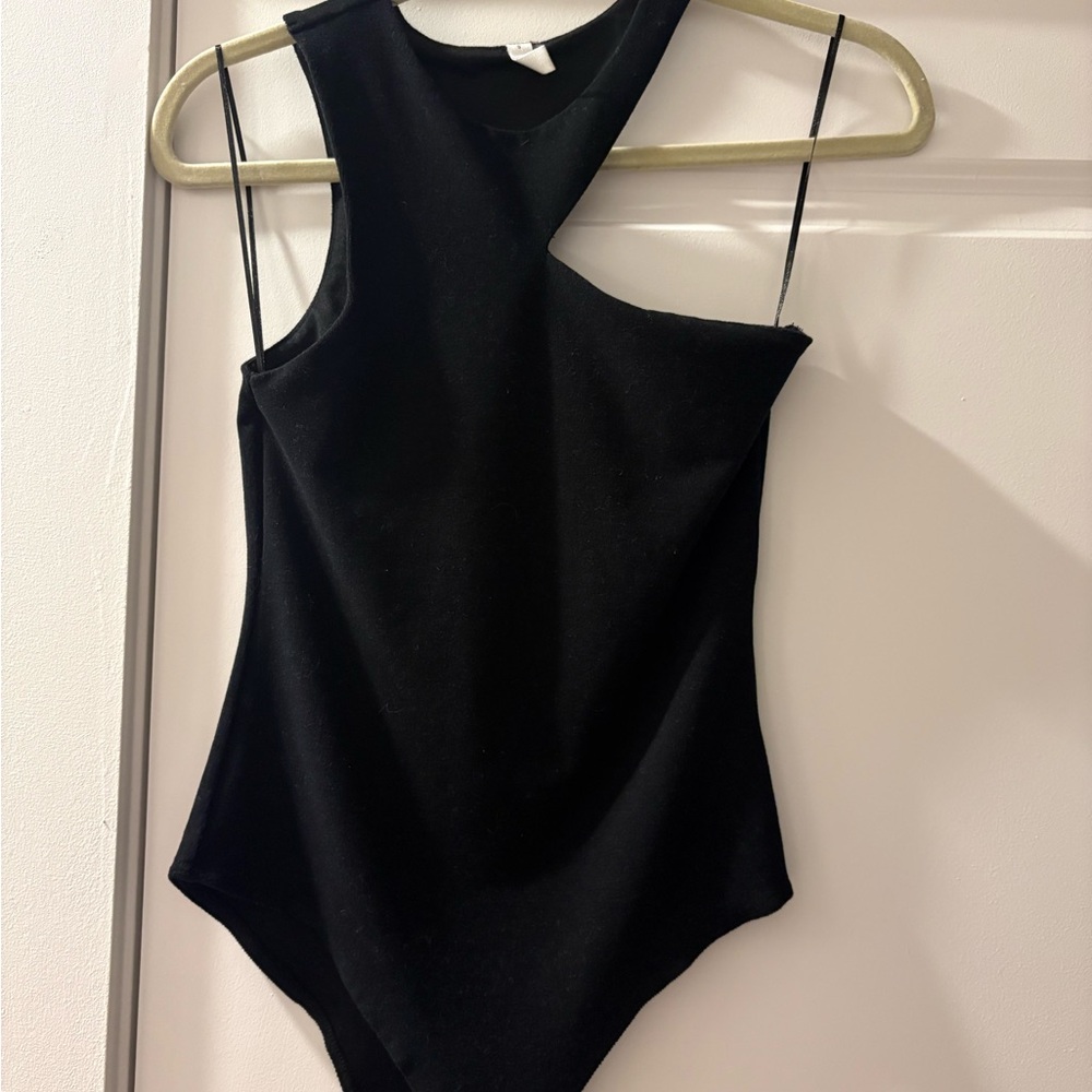 glam Black One-Shoulder Bodysuit with Spaghetti Strap